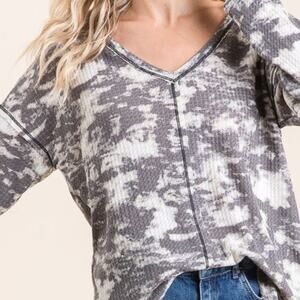 Tie Dye Waffle Knit V-Neck Drop Shoulder Contrast Stitching Womens Blouse Top M